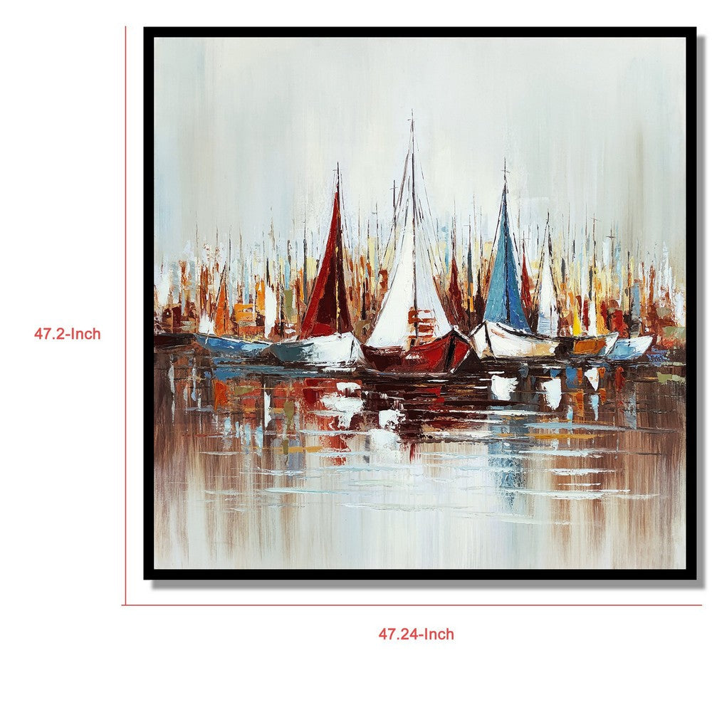 Hy 47 x 47 Hand Painted Multicolor Boats in Standing Water Black PS Frame BM298934