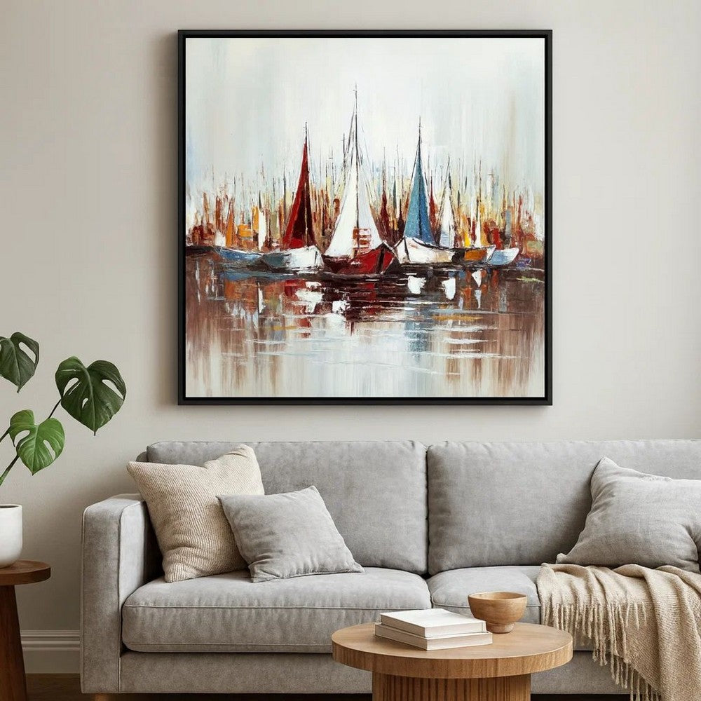 Hy 47 x 47 Hand Painted Multicolor Boats in Standing Water, Black PS Frame