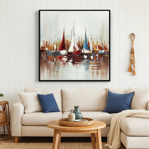 Hy 47 x 47 Hand Painted Multicolor Boats in Standing Water, Black PS Frame