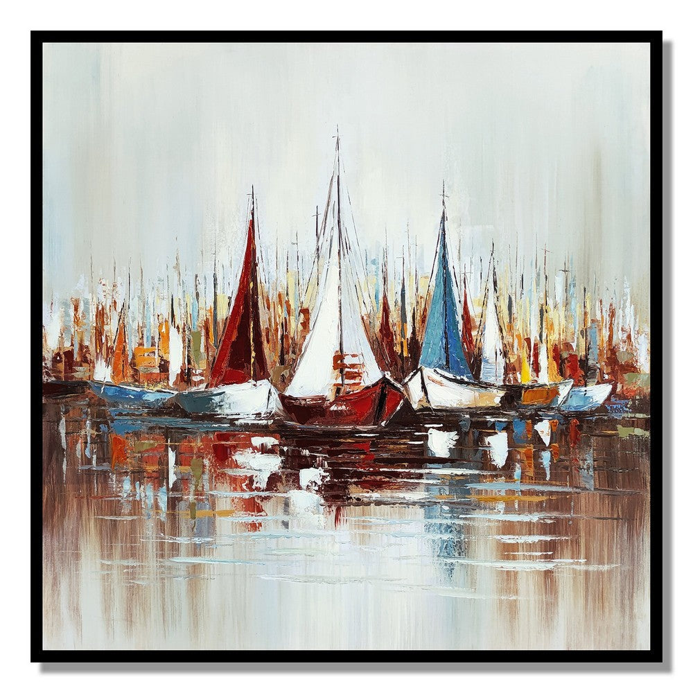 Hy 47 x 47 Hand Painted Multicolor Boats in Standing Water, Black PS Frame