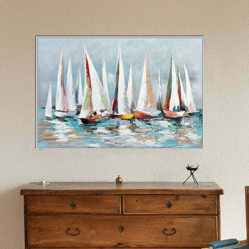 Hy Wall Art | 39 x 59 | Floating Boats | Hand Painted | White Frame