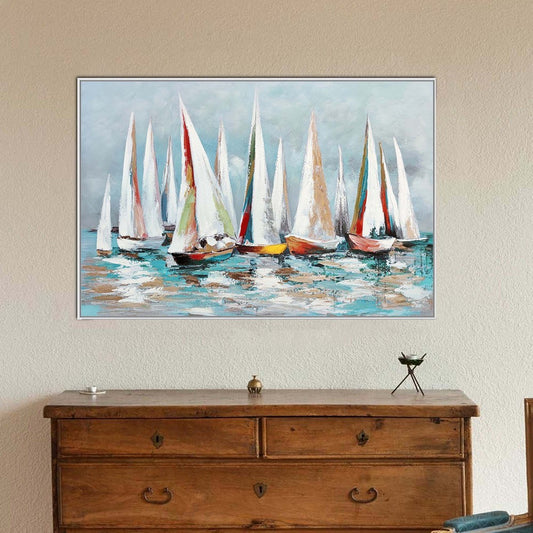 Hy 39 x 59 Hand Painted Multicolor Floating Boats, Modern, White Frame  By Casagear Home