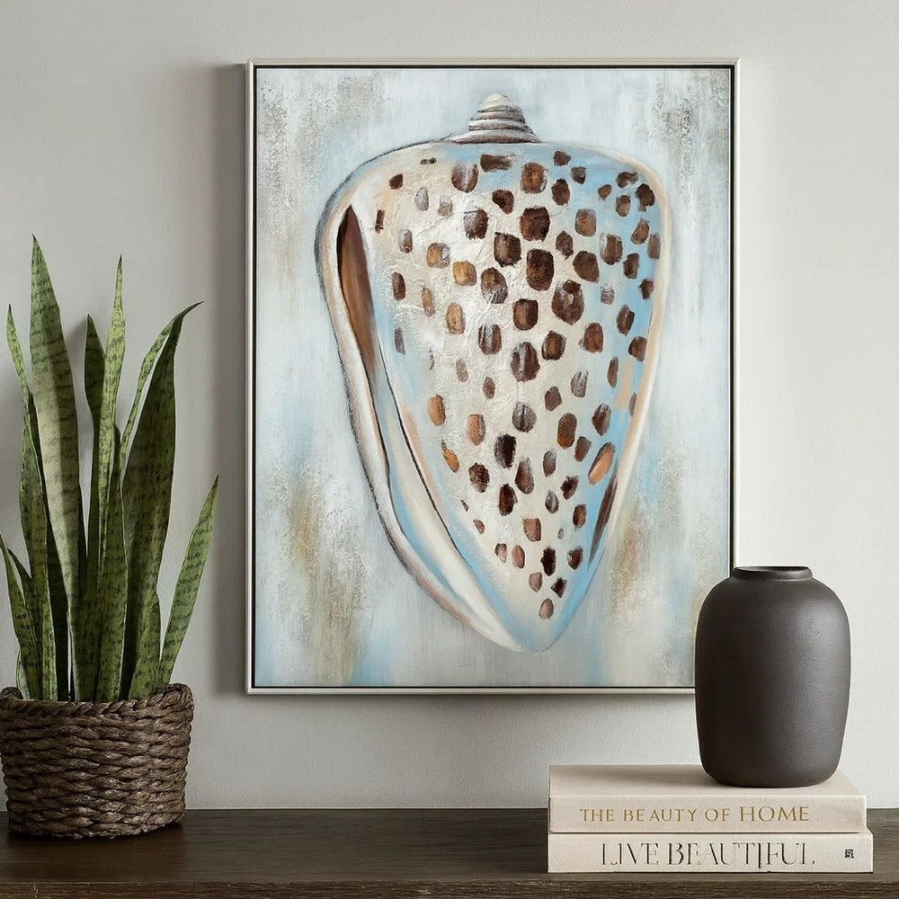 30 x 39 Hand Painted Dotted Sea Conch, Resin Coated, Warm Orange and Blue