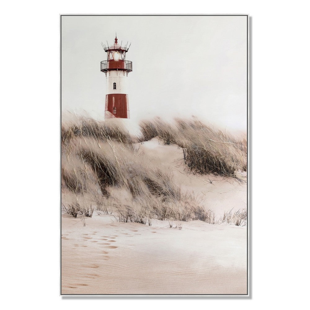 39 x 59 Hand Painted Lighthouse Atop Grassy Beach, Resin Frame, Multicolor