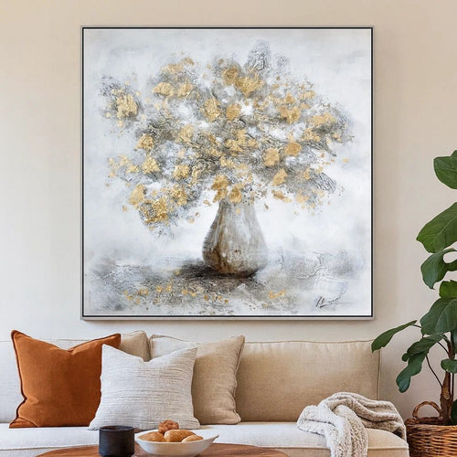 47 x 47 Modern Hand Painted Vase with Gold Foil Flowers and Silver Frame