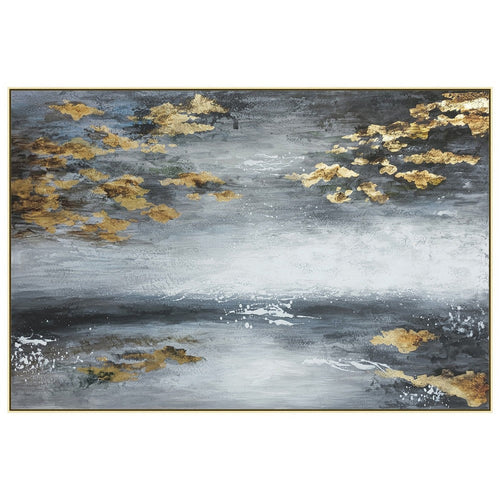 39 x 59 Hand Painted Sky with Gold Foil Clouds, Silver Frame, Resin Coat