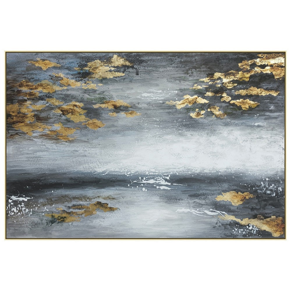 39 x 59 Hand Painted Sky with Gold Foil Clouds, Silver Frame, Resin Coat