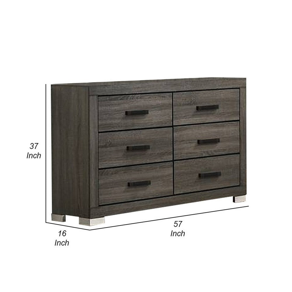 Lola 57 Inch Wood Dresser 6 Drawers Black Metal Bar Handles Dark Gray By Casagear Home BM298944