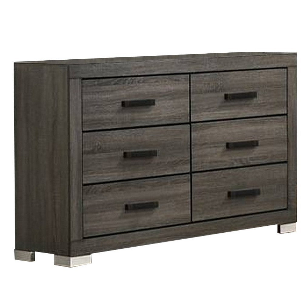 Lola 57 Inch Wood Dresser, 6 Drawers, Black Metal Bar Handles, Dark Gray By Casagear Home