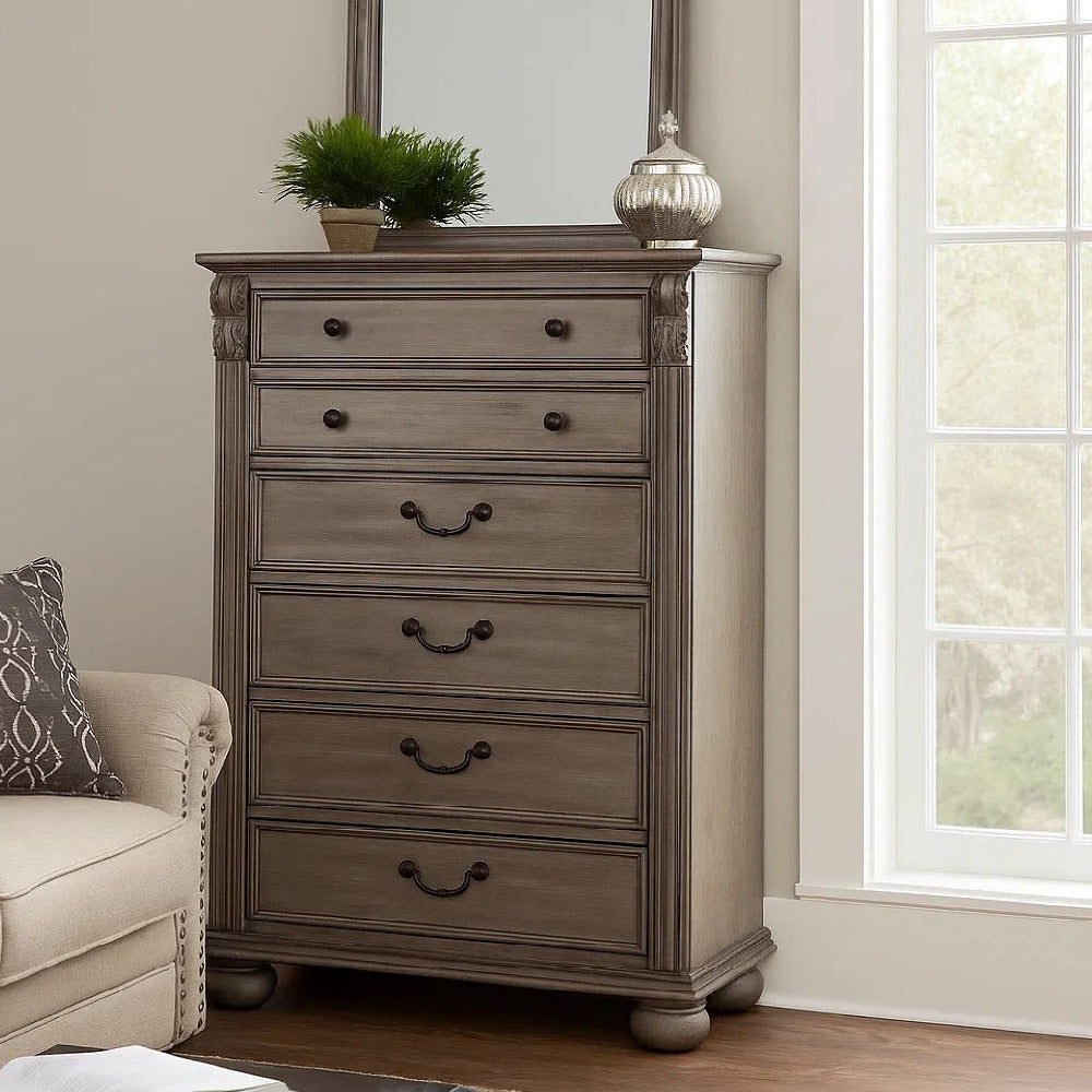 Aza 51 Inch Classic 5 Drawer Tall Dresser Chest, Metal Drop Handles, Gold
