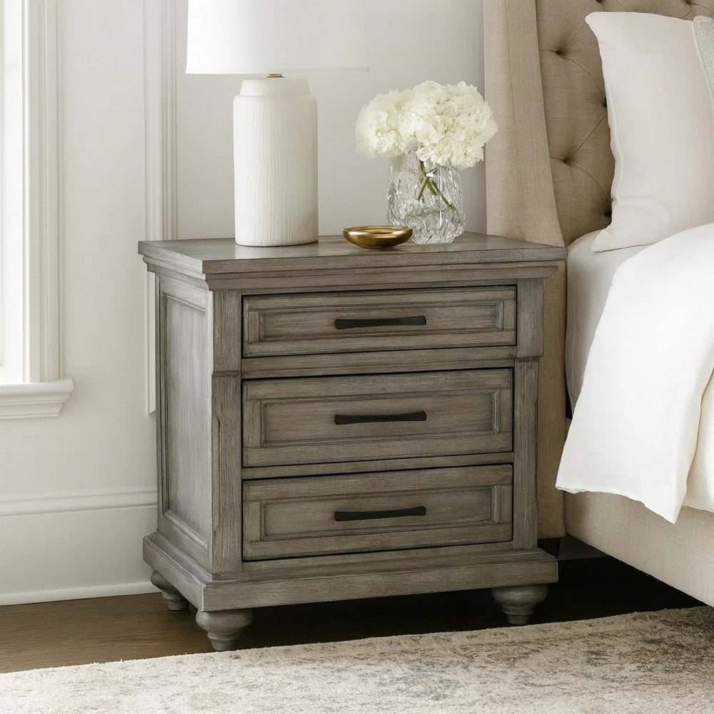 Demi Nightstand | 29" | 3 Drawers | Oak Gray | Metal Bar Handles