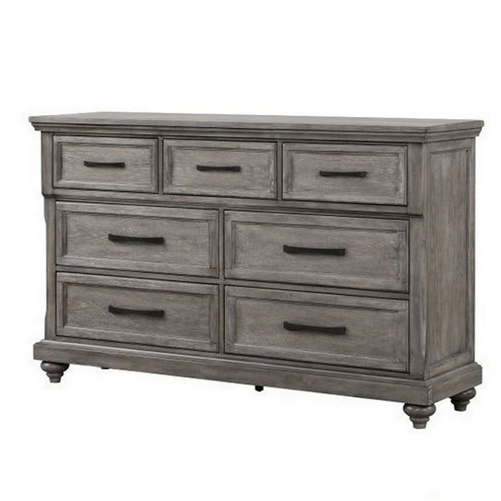 Demi 65 Inch Wood Dresser with 7 Drawers, Metal Bar Handles, Oak Gray  By Casagear Home