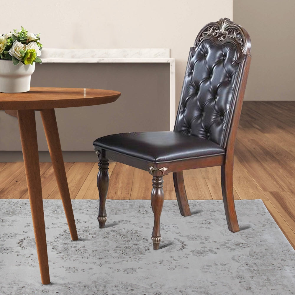 Kipp 25 Inch Set of 2 Armless Dining Chairs, Brown Wood, Black Faux Leather By Casagear Home