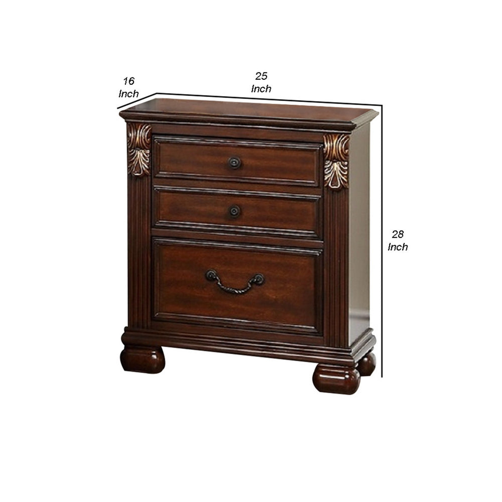 Miri 25 Inch 3 Drawer Nightstand, Brass Carved Accents, Cherry Oak Brown By Casagear Home