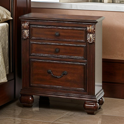 Miri Nightstand | 25" | 3 Drawers | Brass Accents | Cherry Oak Brown