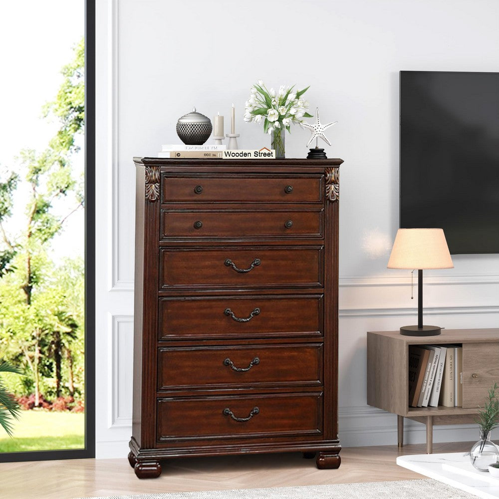 Miri 51 Inch 6 Drawer Tall Dresser Chest, Brass Carved, Cherry Oak Brown By Casagear Home