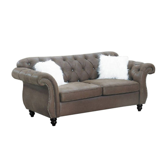 Rima 77 Inch Modern Loveseat, Faux Leather Cushions, Rolled Arms, Brown