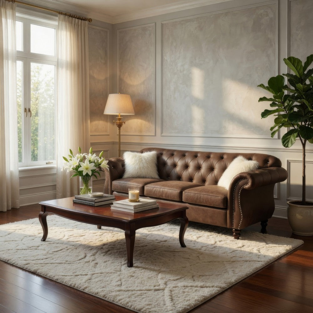 Rima 93 Inch Modern Sofa, Faux Leather Cushions, Rolled Armrests, Brown