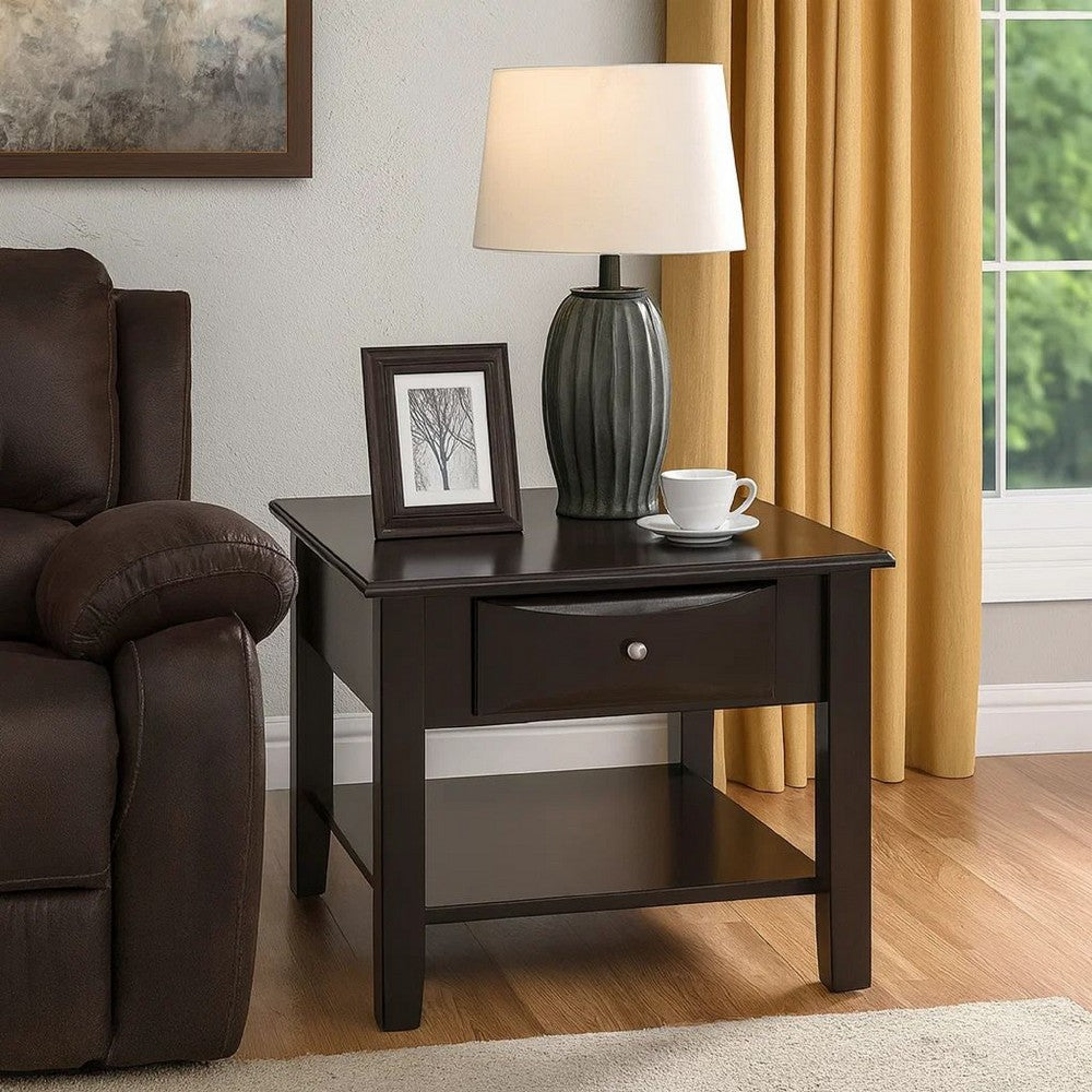 End Table | 24" | Square | Drawer | Bottom Shelf | Brown Wood