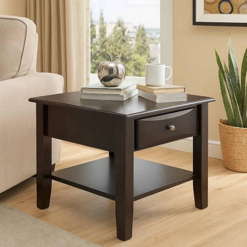 End Table | 24" | Square | Drawer | Bottom Shelf | Brown Wood