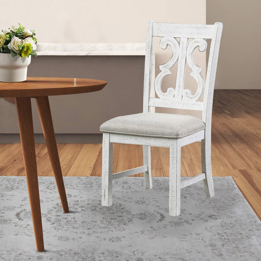 Neci 23 Inch Wood Dining Chair, Set of 2, Carved Back, Padded Seat, White  By Casagear Home