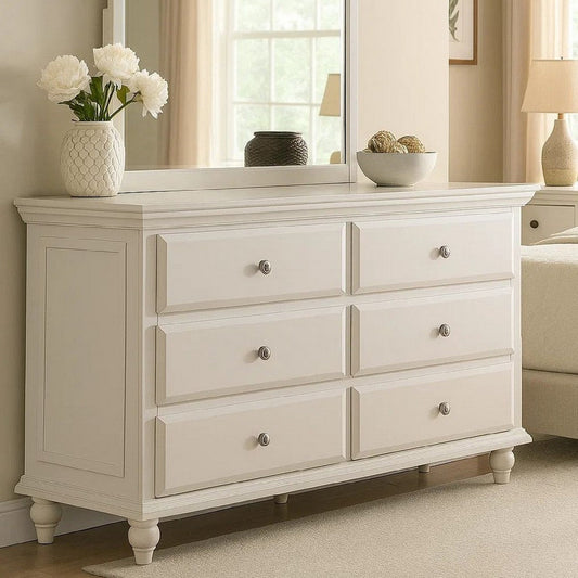Umi Dresser | 58" | 6 Drawers | Classic White | Molded Details | Bun Legs