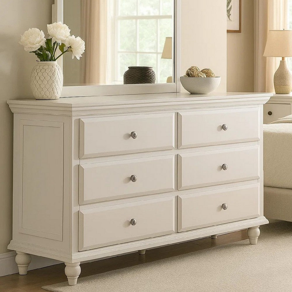 Umi Dresser | 58" | 6 Drawers | Classic White | Molded Details | Bun Legs