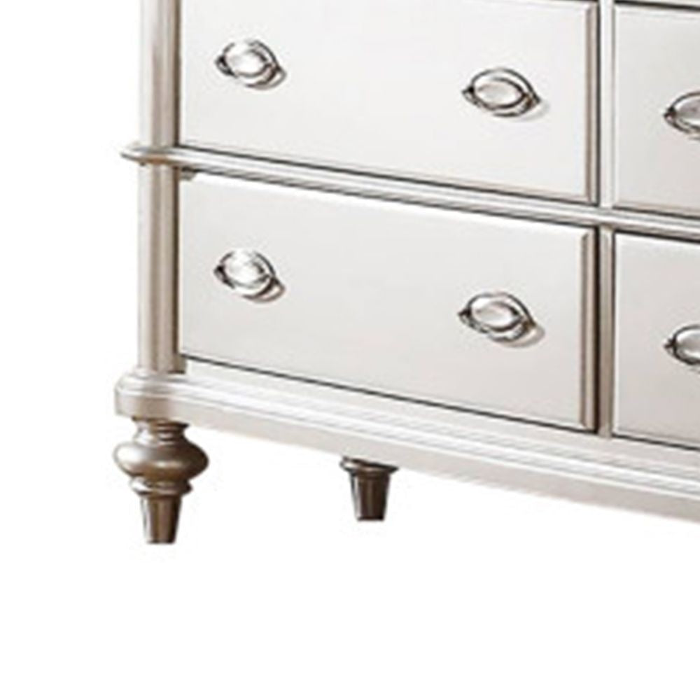 Benjara 63 Inch Wide 6 Drawer Dresser, Crystal Like Knobs, Molded Details, Silver