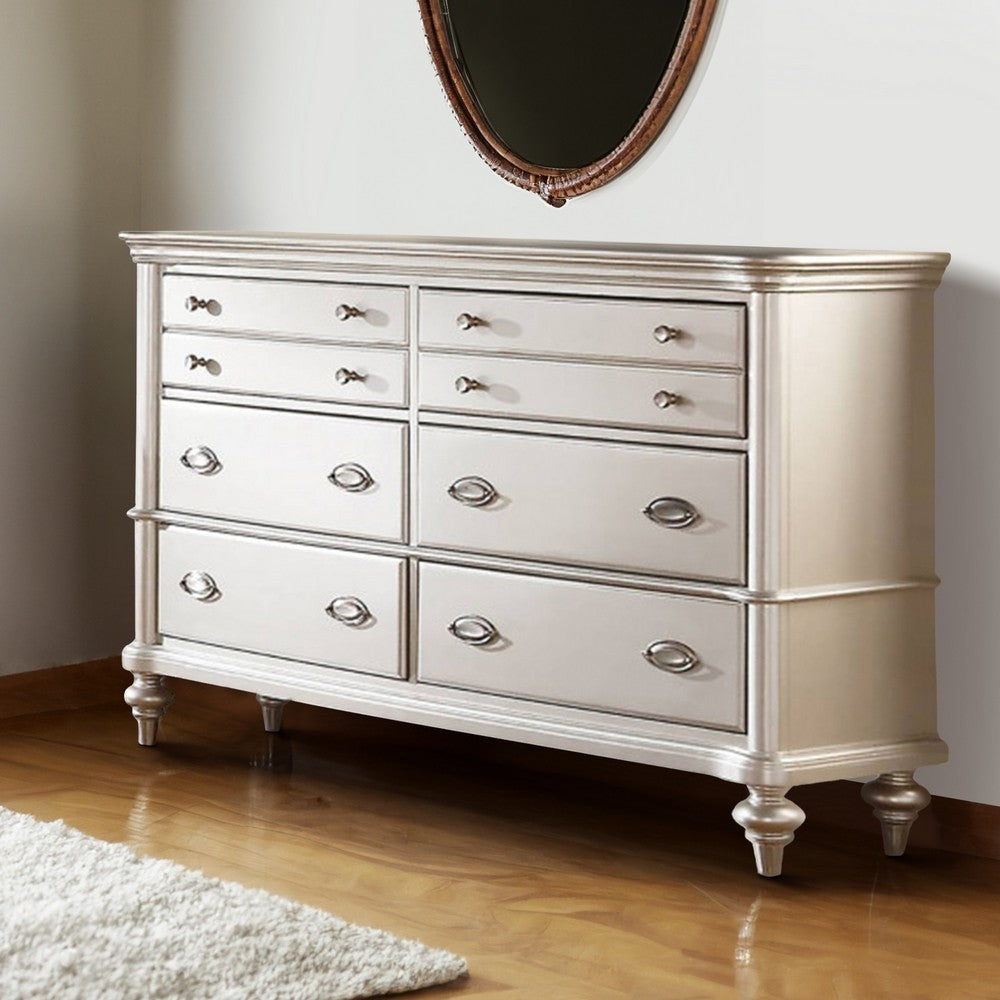 Benjara 63 Inch Wide 6 Drawer Dresser, Crystal Like Knobs, Molded Details, Silver