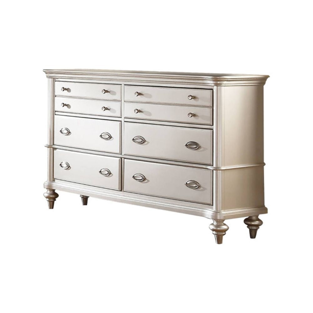 Benjara 63 Inch Wide 6 Drawer Dresser, Crystal Like Knobs, Molded Details, Silver Benjara 63 Inch Wide 6 Drawer Dresser, Crystal Like Knobs, Molded Details, Silver