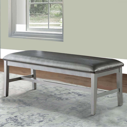 Joy 54 Inch Luxury Dining Bench, Silver, Padded Metallic Gray Faux Leather By Casagear Home