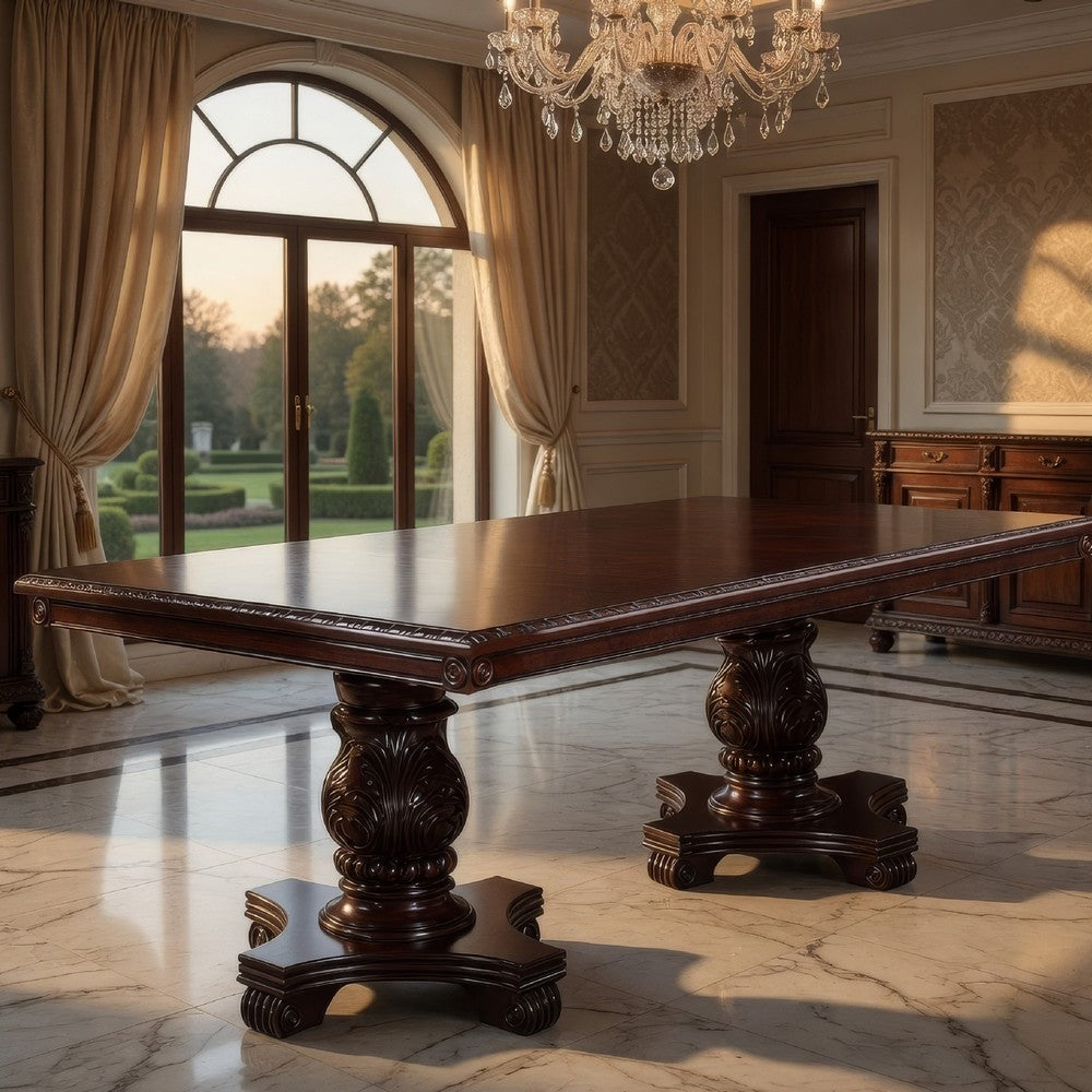 66 Inch Dining Table, Extension Leaf, Twin Pedestal Base, Cherry Oak Brown