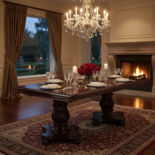 66 Inch Dining Table, Extension Leaf, Twin Pedestal Base, Cherry Oak Brown