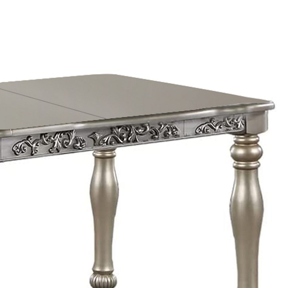 Kipp 78 Inch Dining Table, 2 Extension Leafs, Floral Carved, Champagne Wood
