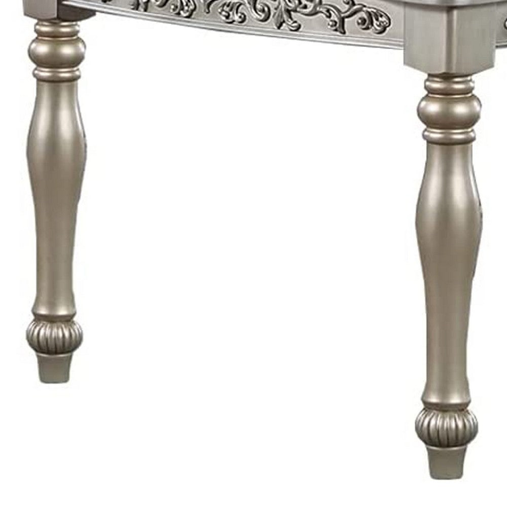 Kipp 78 Inch Dining Table, 2 Extension Leafs, Floral Carved, Champagne Wood