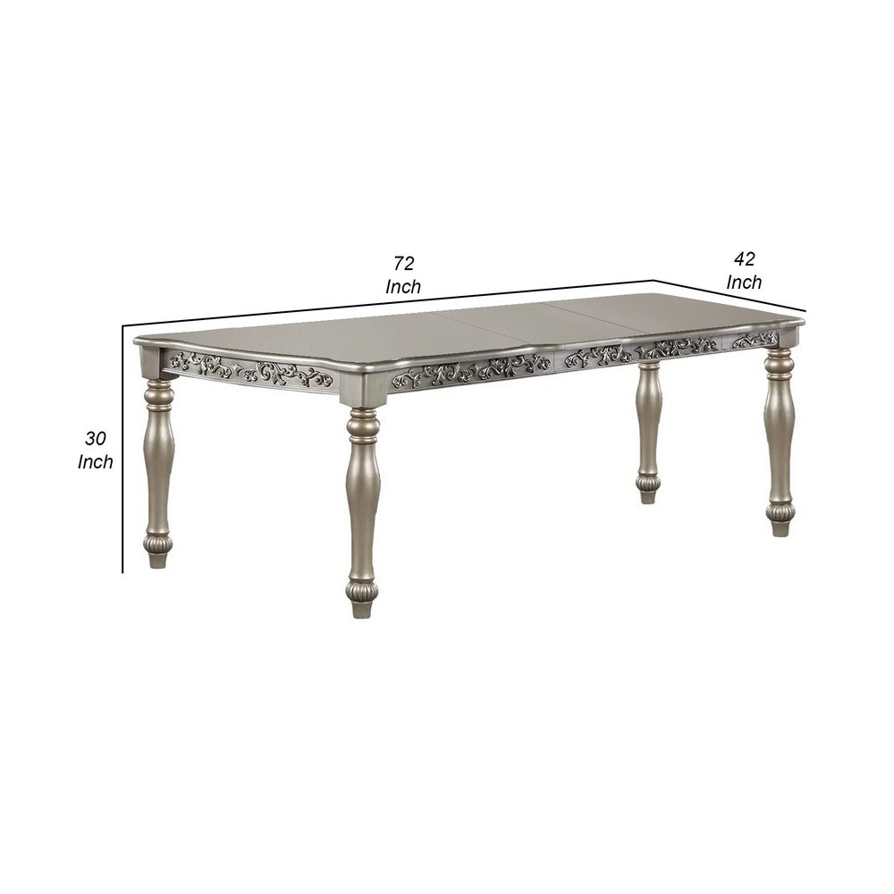 Kipp 78 Inch Dining Table, 2 Extension Leafs, Floral Carved, Champagne Wood