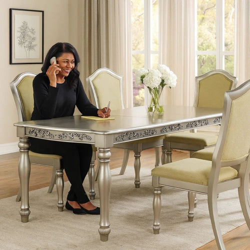 Kipp 78 Inch Dining Table, 2 Extension Leafs, Floral Carved, Champagne Wood