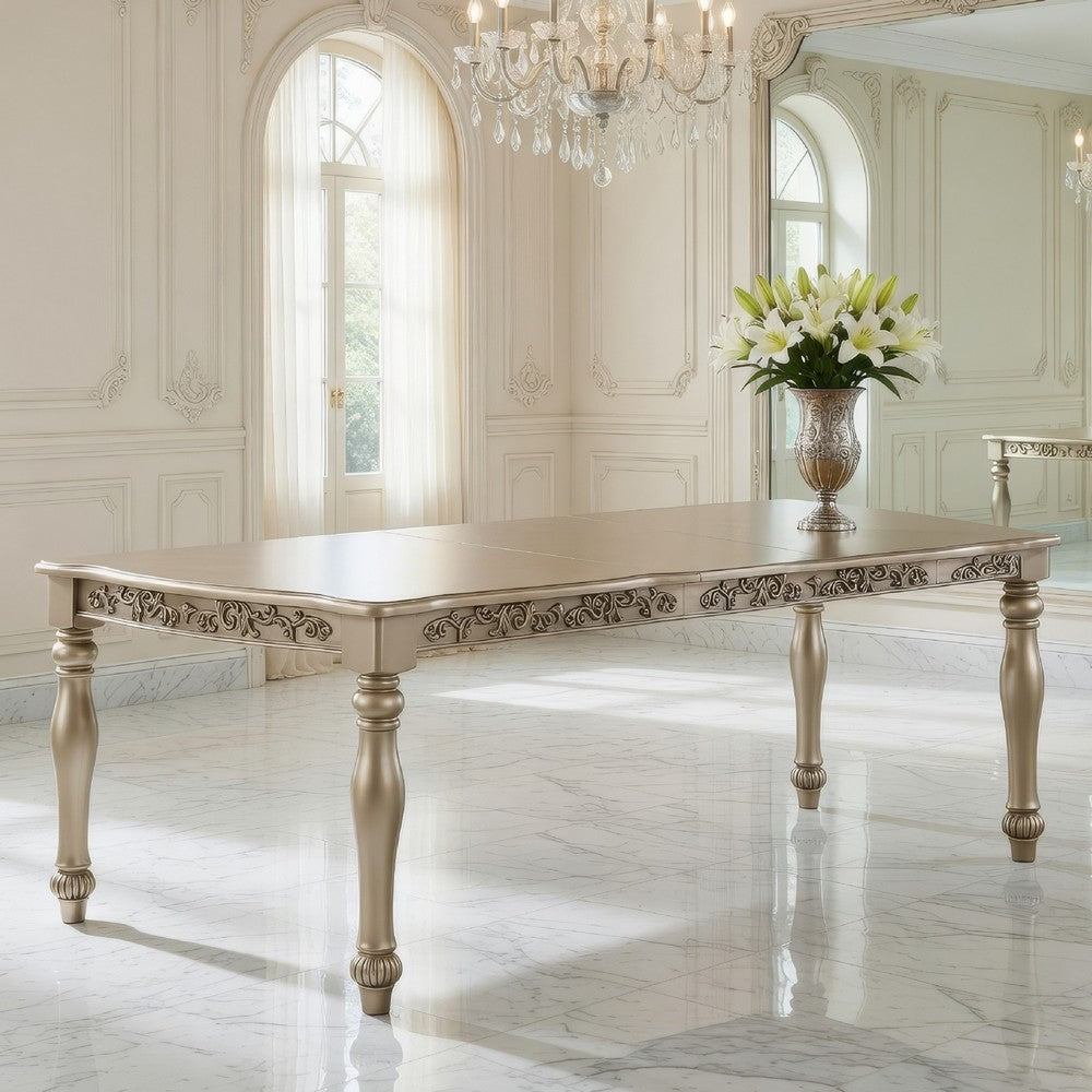 Kipp 78 Inch Dining Table, 2 Extension Leafs, Floral Carved, Champagne Wood