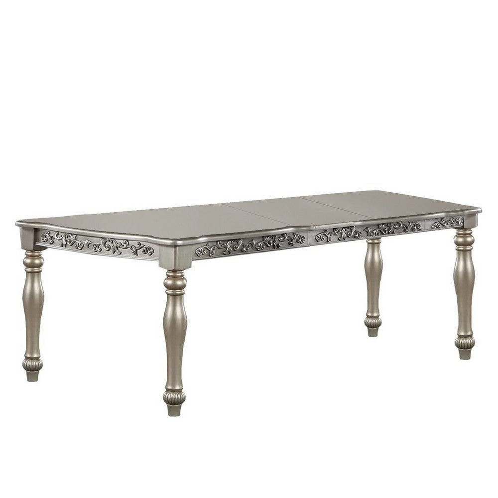 Kipp 78 Inch Dining Table, 2 Extension Leafs, Floral Carved, Champagne Wood
