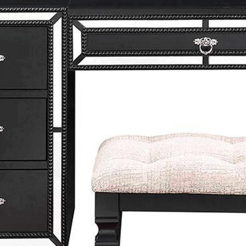 Sosi 47 Inch Vanity Desk Set Padded Stool 3 Mirror Inlaid Drawers Black BM299028