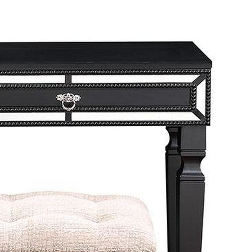 Sosi 47 Inch Vanity Desk Set Padded Stool 3 Mirror Inlaid Drawers Black BM299028