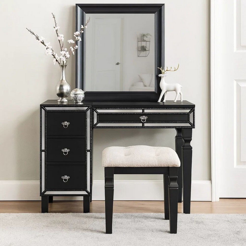 Sosi 47 Inch Vanity Desk Set, Padded Stool, 3 Mirror Inlaid Drawers, Black