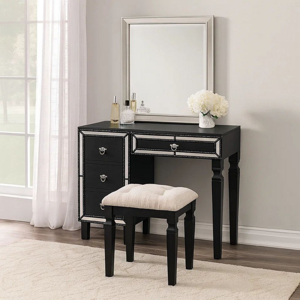 Sosi 47 Inch Vanity Desk Set, Padded Stool, 3 Mirror Inlaid Drawers, Black