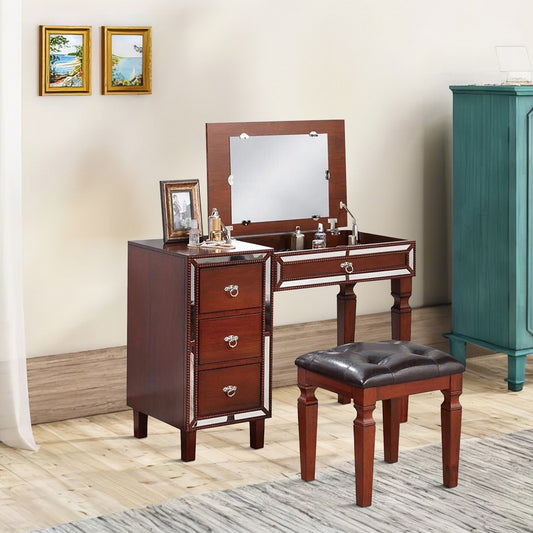 Sosi 47 Inch Vanity Desk Set with Stool, 3 Mirror Inlaid Drawers, Brown By Casagear Home