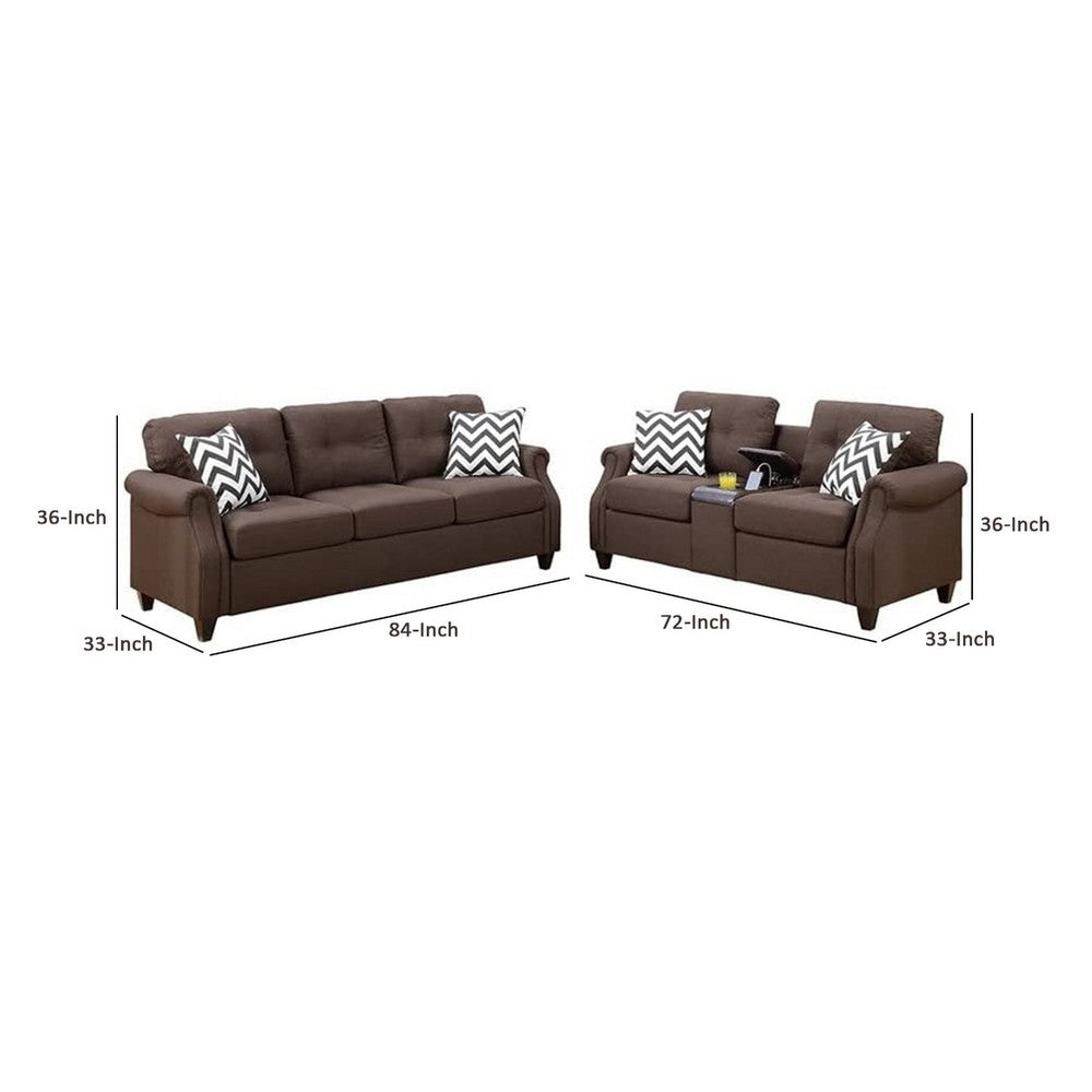 Noa Sofa Loveseat Set | 2 Piece | USB Ports | 4 Pillows | Dark Brown