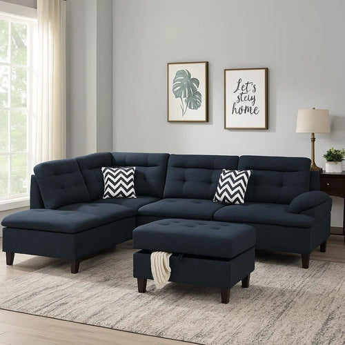 Olga 3 Piece L Shape Sectional Sofa with Ottoman, 2 Throw Pillows, Black
