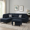 Olga 3 Piece L Shape Sectional Sofa with Ottoman, 2 Throw Pillows, Black