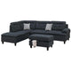 Olga 3 Piece L Shape Sectional Sofa with Ottoman, 2 Throw Pillows, Black