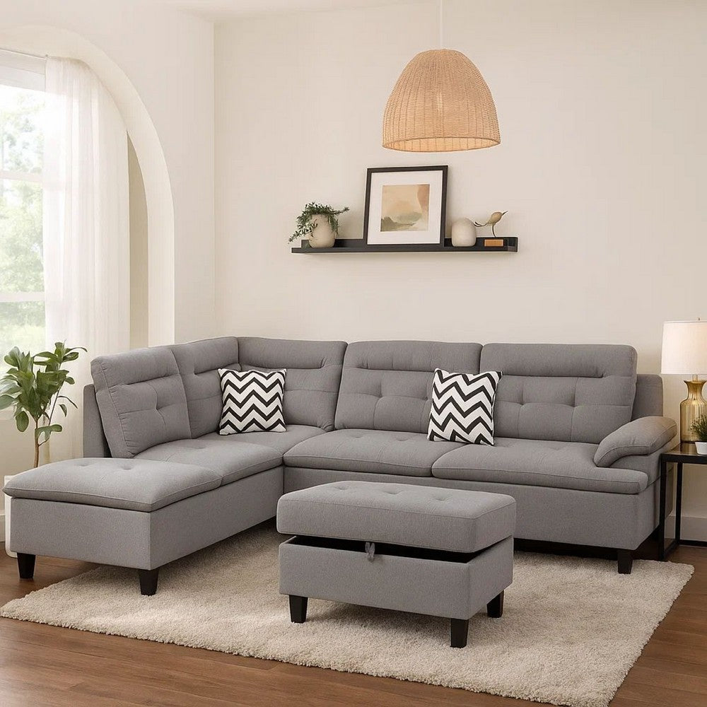 Olga Sectional Sofa Set | 3 Piece | Ottoman | 2 Pillows | Curved Arms | Gray