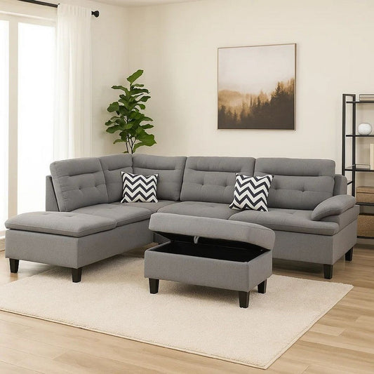 Olga Sectional Sofa Set | 3 Piece | Ottoman | 2 Pillows | Curved Arms | Gray